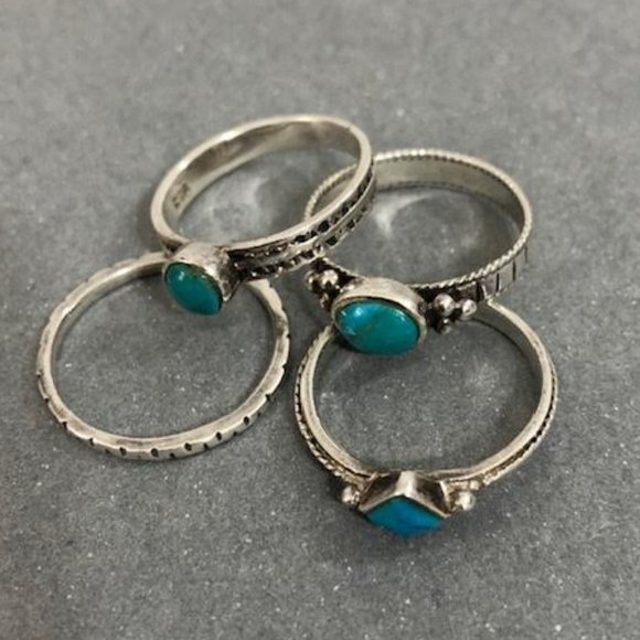 Jewelry - Set of Four 925 Silver and Turquoise Stacking Rings 8